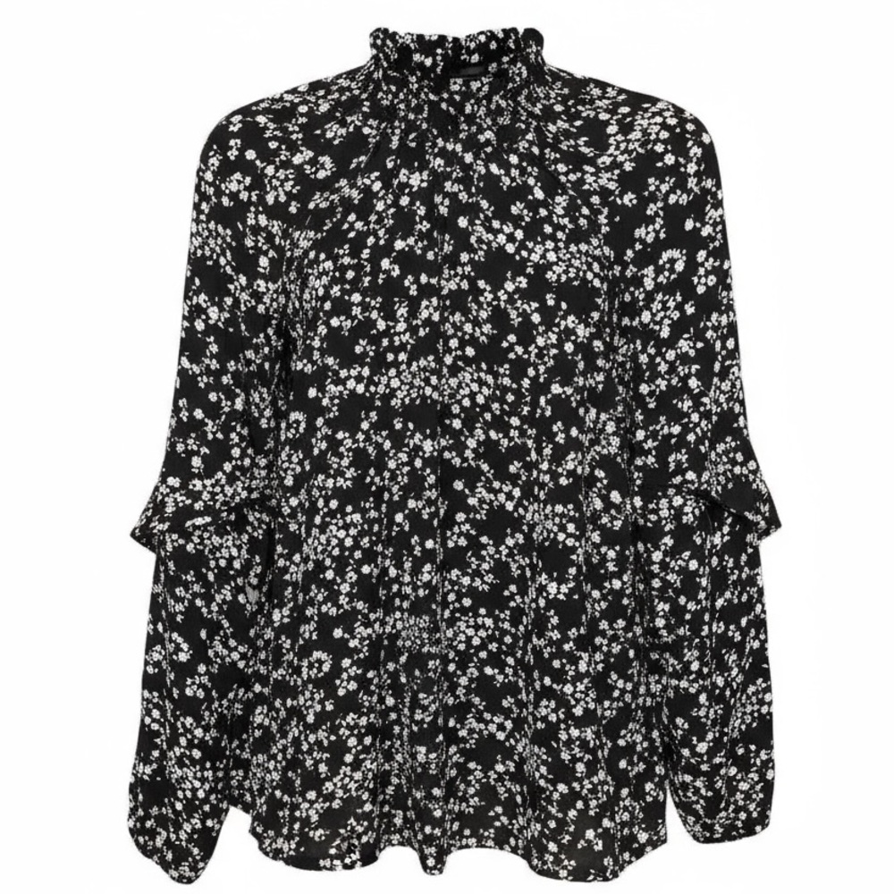 Moa Moa Floral Print Mock Neck Ruffle Detail Blouse Size L - Picture 2 of 7